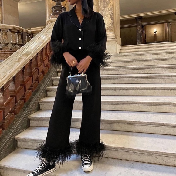 Olivia von Halle 100% Silk Black Faux Fur Trim Pajamas Size S - Picture 11 of 11